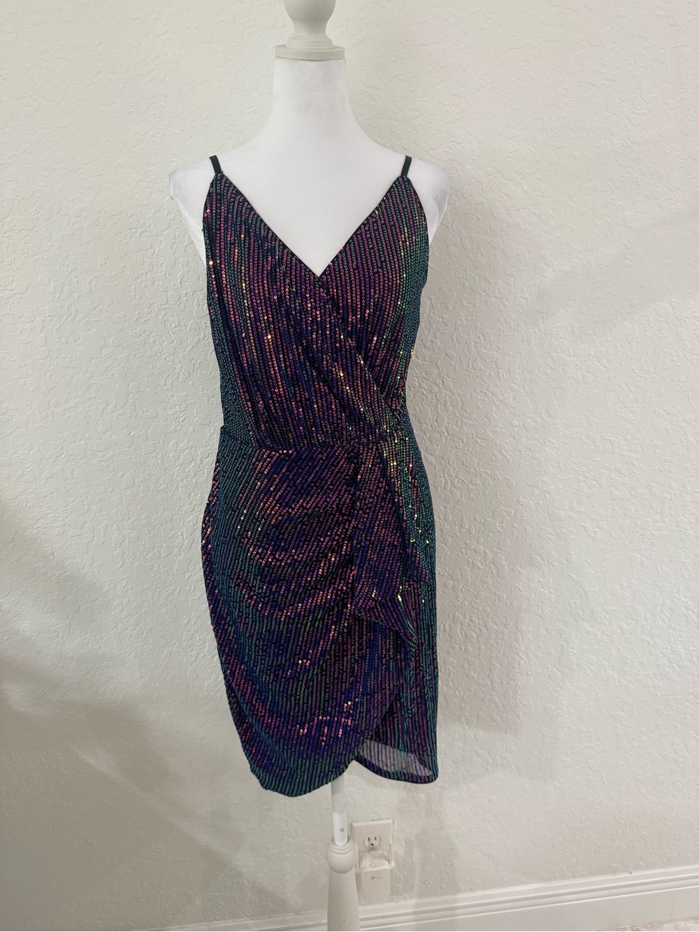 Grace Karin Iridescent Black & Purple Sequin Wrap Mini Dress